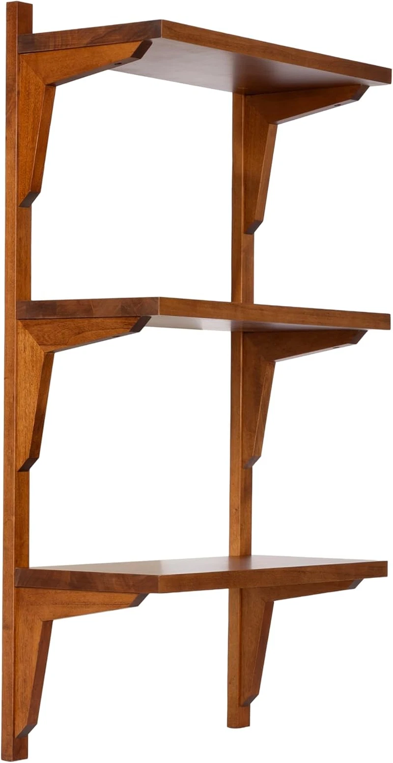 Stylish Walnut Brown Three-Tier Wooden Shelves for Nursery or Bathroom Storage
