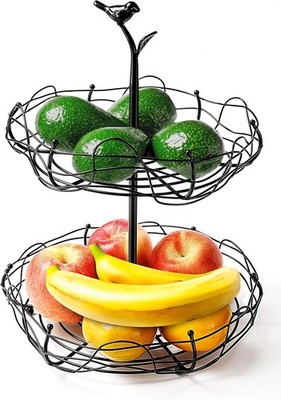 2-Tier Fruit Basket with Bird Nest Design - Charming Bird Handle, Multi-Funct...