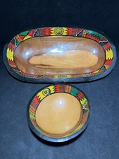 Set of 2 Hand Carved Wooden Bowls - Hand Painted Geometric Folk Art