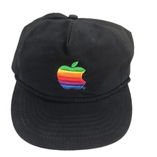 Vintage Multi Color APPLE Logo Black Adjustable Strapback Rope Hat Cap USA Made