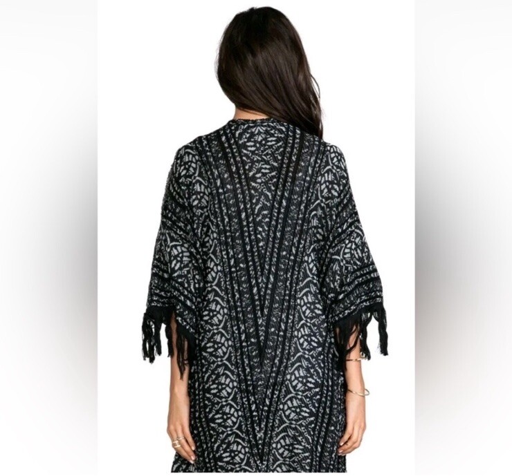 Free People Black White Fringe Kimono Cardigan XS/S