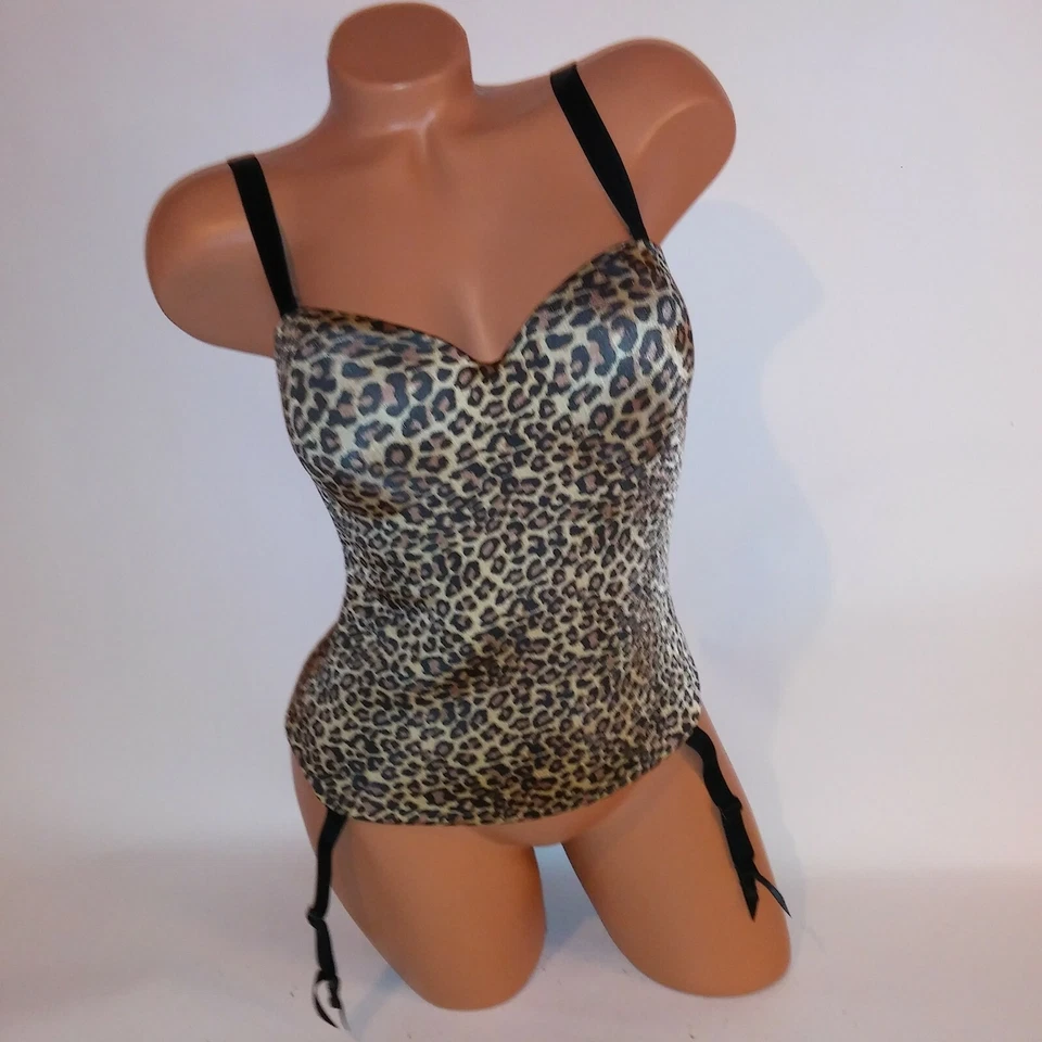 Lingerie Crownette Bustier Espartilho Alças de Liga Preto Bronzeado Estampa de Leopardo Animal - Imagem 4 de 4