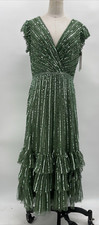 Mac Duggal Women's Sequined Wrap Over Cap Sleeve Ruffle Hem Sage Dress Size 10