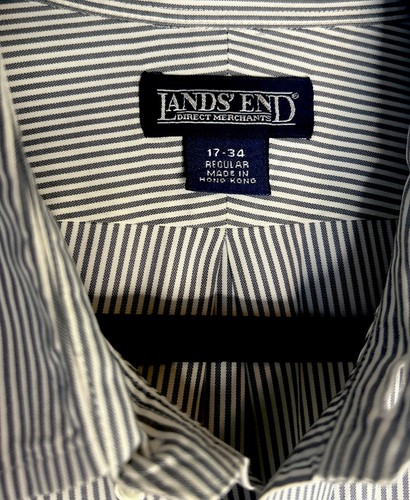 Vintage Lands End Direct Mens Dress Shirt 17-34 Regular Gray Strips Long Sleeve - Picture 4 of 10