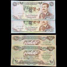 2x Iraq 25 Dinar 1986 Banknote Currency Saddam Hussein & 2x 1982 Horses Dinars