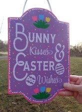 BUNNY KISSES  EASTER WISHES Sign Wall Art Door Hanger Plaque Spring Decor