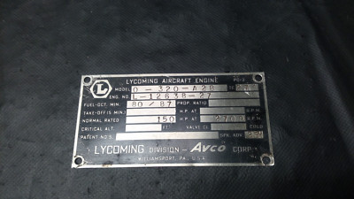 AVCO LYCOMING MODEL 0-320-A2B AIRCRAFT/AIRPLANE MOTOR/ENGINE DATA TAG ONLY
