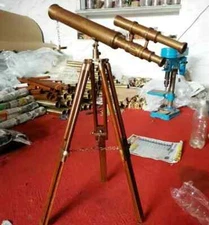 18" Floor Telescope Tripod Brass Standing Wooden With Stand Nautical Antique