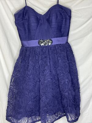 Adrianna Papell Evening Purple Pleat Bodice Rosette Strapless Dress Jeweled  Sz