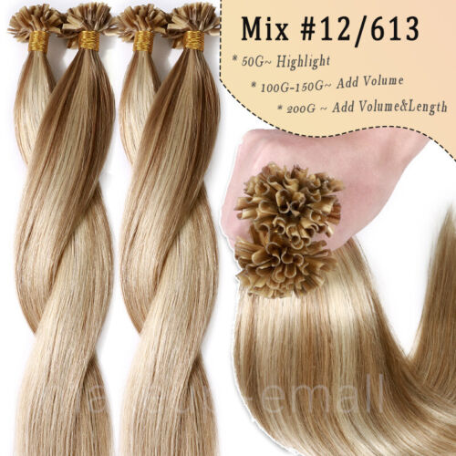 Pre-Bonded 100% Real Human Hair Extensions Keratin Flat U Tip Mix Blonde Brown - Picture 25 of 27