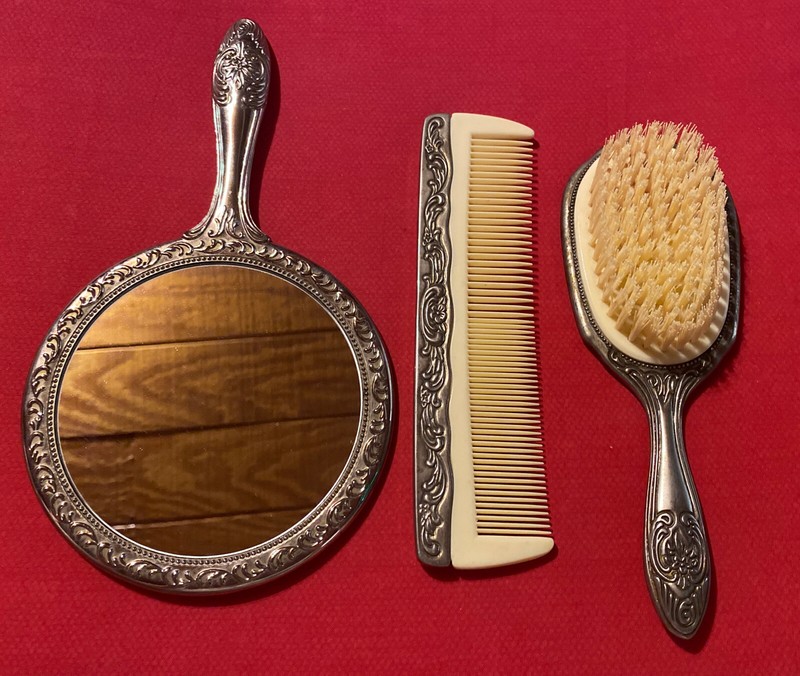 Vintage Silver Plated Vanity 3pc  Set Ornate Dresser Set Victorian Romantic 