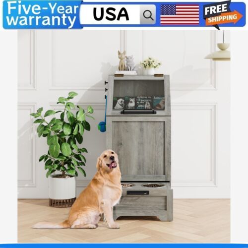 Dog Feeding Station with 2 Elevated Dog Bowls Flip Top Dog Food Storage Cabinet