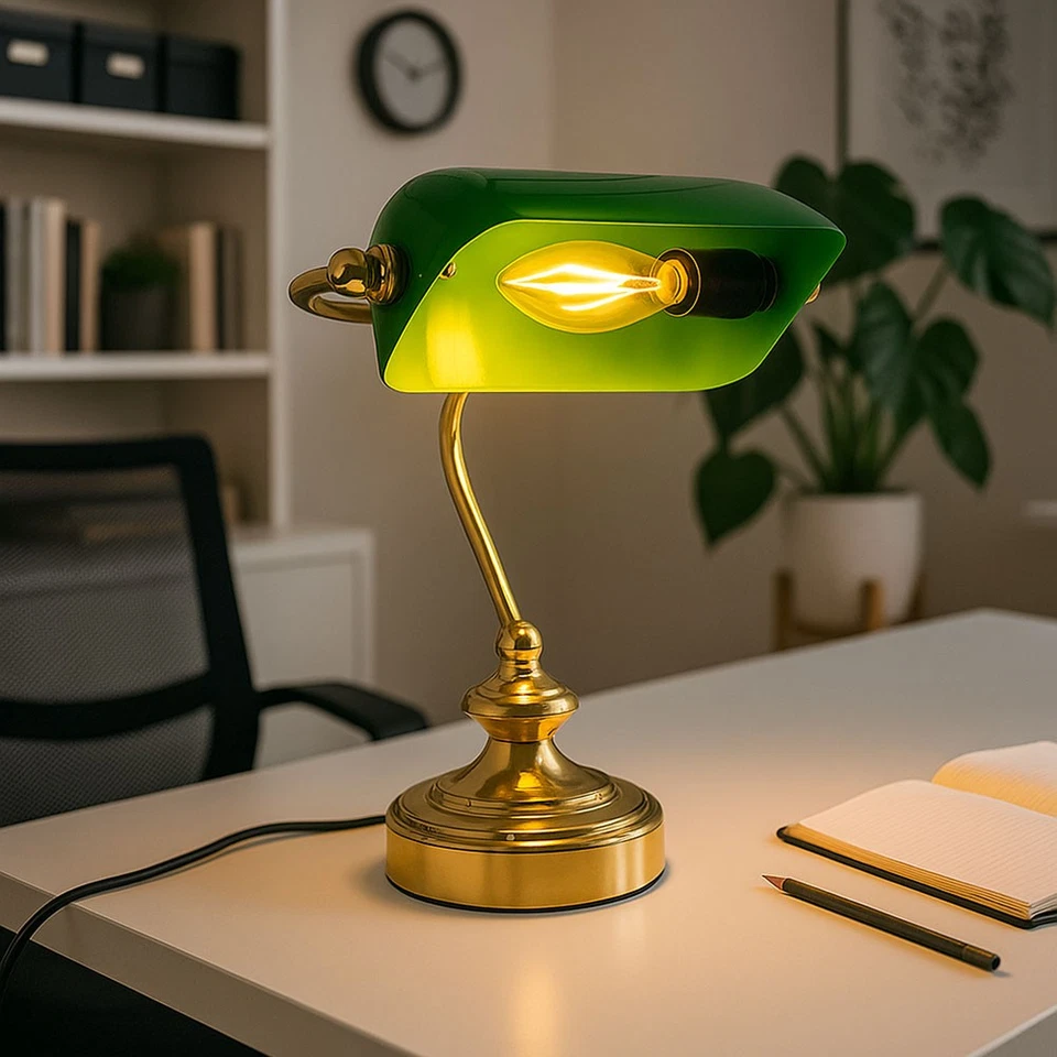 Bankerleuchte Tischlampe Schreibtischleuchte beweglich messing grün LED Vintage - Bild 3 von 4
