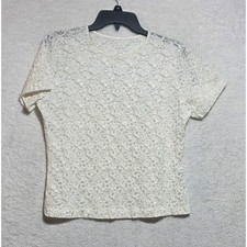 Lucie Ann II Vintage Ivory Lace Short Sleeve Top Shimmer Made in USA Medium