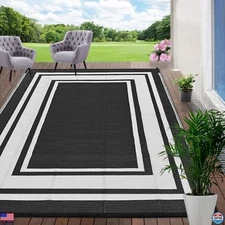 RURALITY 6x9 Waterproof Outdoor Rugs - Black & White Reversible Plastic Mats