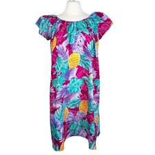 Hilo Hattie Vintage Pineapple Tropical Hawaiian Print Colorful Mumu Dress Size L