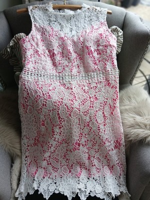 Pretty Crisp White Crocheted White and Pink underlay cut out summer Dress 10 