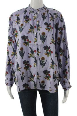 Madison Mathews Women Button-Up Blouse Purple Floral Cotton Long Sleeve Size S