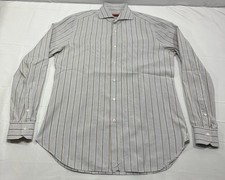 Isaia Napoli Regular-Fit Blue Brown Woven Stripe Cotton Dress Shirt size 16/41