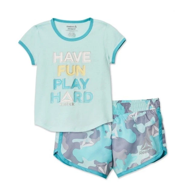 Reebok Toddler Girls Graphic T-Shirt & Woven Shorts 2 PC Set Size 12m-Teal/Aqua