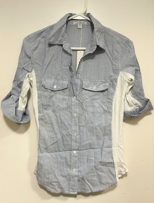 New James Perse Contrast Panel Shirt Women 3/4 Sleeve Roll Up Size 2 NWT