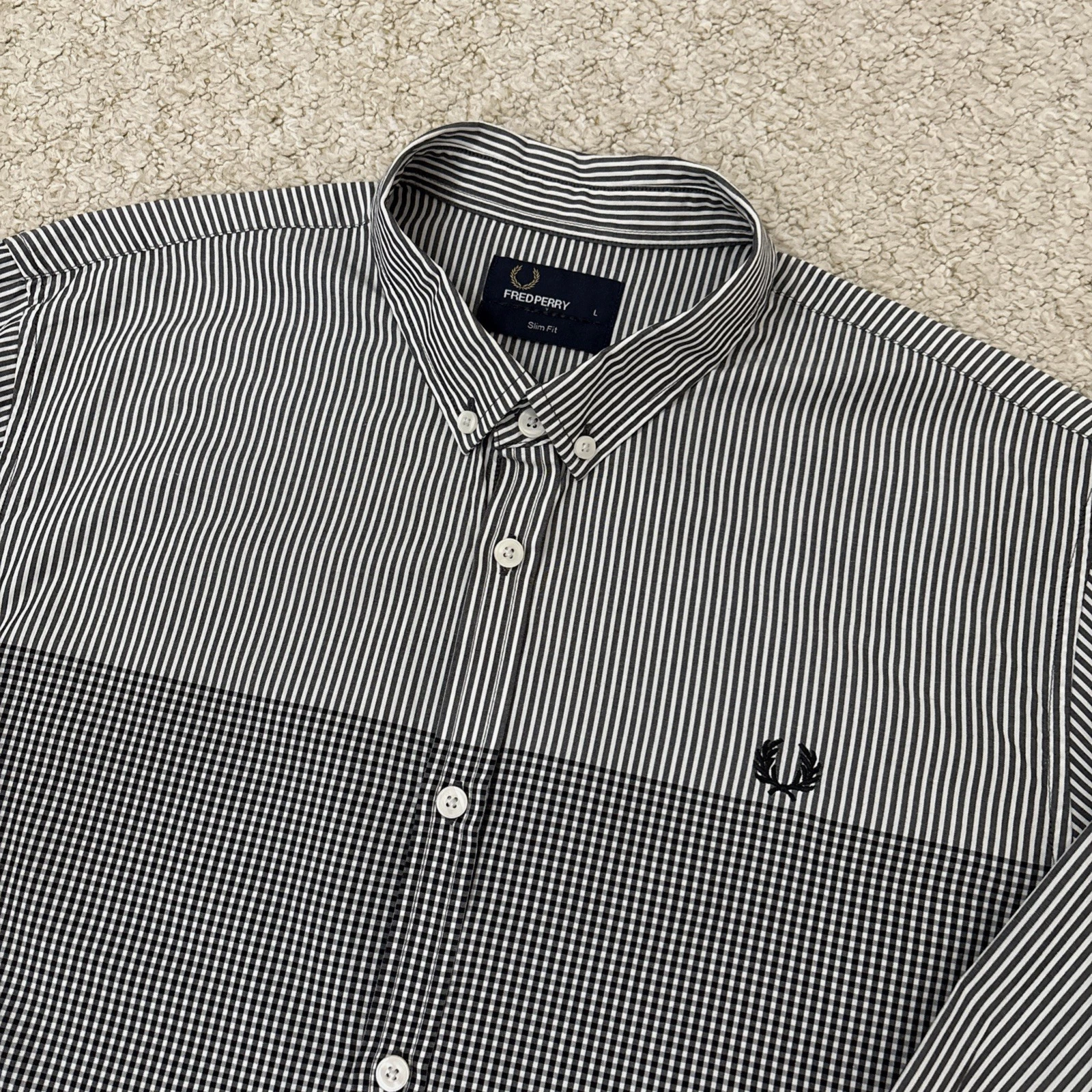 Fred Perry Mens Large Slim Fit Striped Check Shirt Black White Long Sleeve