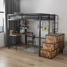 Full Size Metal Loft Bed Frame w/Desk & USB Charging, Drawers & Storage Rack