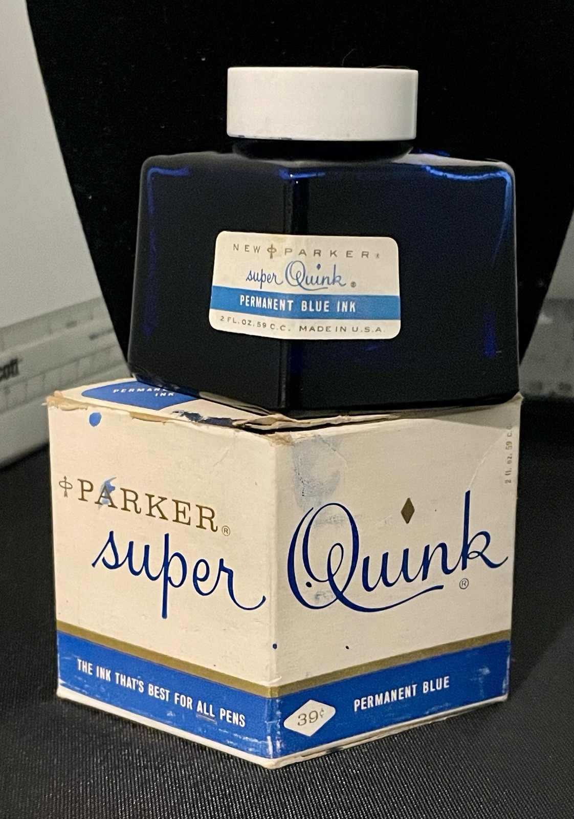 Vintage Ink Bottle Parker Super Quink Diamond Shaped Blue Glass Box Empty
