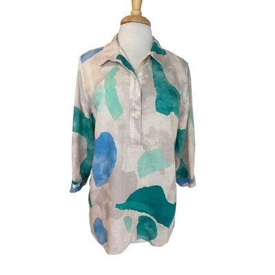 CHICOS 100% Linen Watercolor Popover Blouse Size 12 (2) Womens Beige Green Blue
