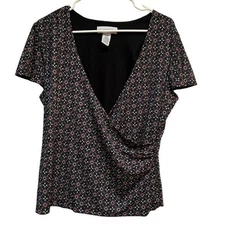 Sag Harbor Women’s Size Large Faux Wrap Blouse Surplice Neck Black Pink Floral