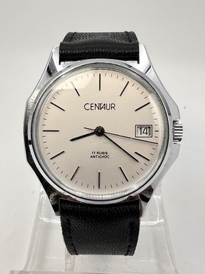 Vintage CENTAUR, Silber/Silber, Lederband Handaufzug, Herrenuhr, NOS