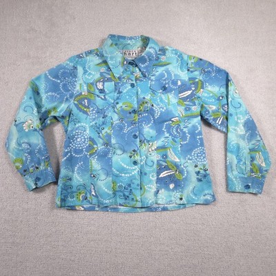 Keren Hart Shirt Womens XL Blue Floral Paisley Button Front Embellished Cotton