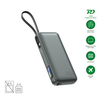 Powerbank 20000mAh | 165W Gesamtleistung | Integriertes USB-C Kabel