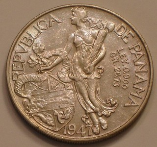 1947 SILVER Balboa of Panama subtle Rainbow Tone