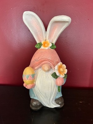 11.5 '' Tall Pastel Gnome w/Bunny Ears Resin Tabletop Figurine Holding Flower VGC