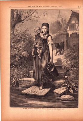 Antique German Engraving   Am Bache by Ernst Hildebrand, Über Land und Meer 1878