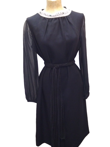 Vintage 1960's Black Chiffon Silver Trim Mod Hostess Cocktail Dress Size ML