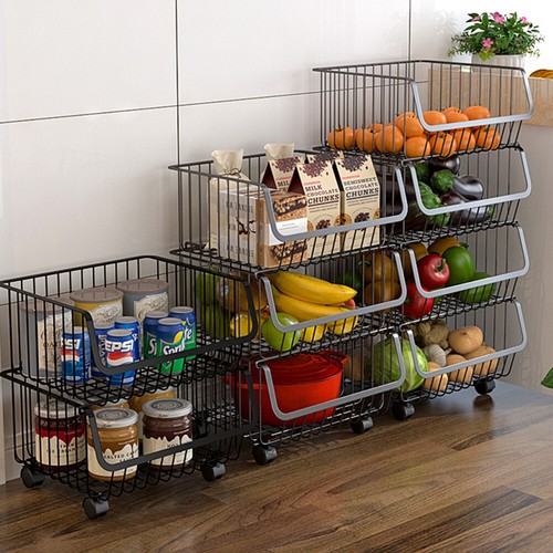 STORAGE STACKING WIRE BASKET STACKABLE SHELVES VEGETABLE FOOD KITCHEN RACK WHEEL - Picture 4 of 43