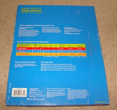 Staples Photo Plus Gloss 8.5x11 Inkjet Paper, 64lb. 50 Sheets (648178) - Picture 2 of 2