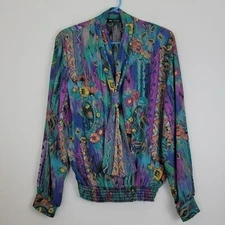 Alli Petites Of California Vintage Artsy Multicolored Print Blouse L