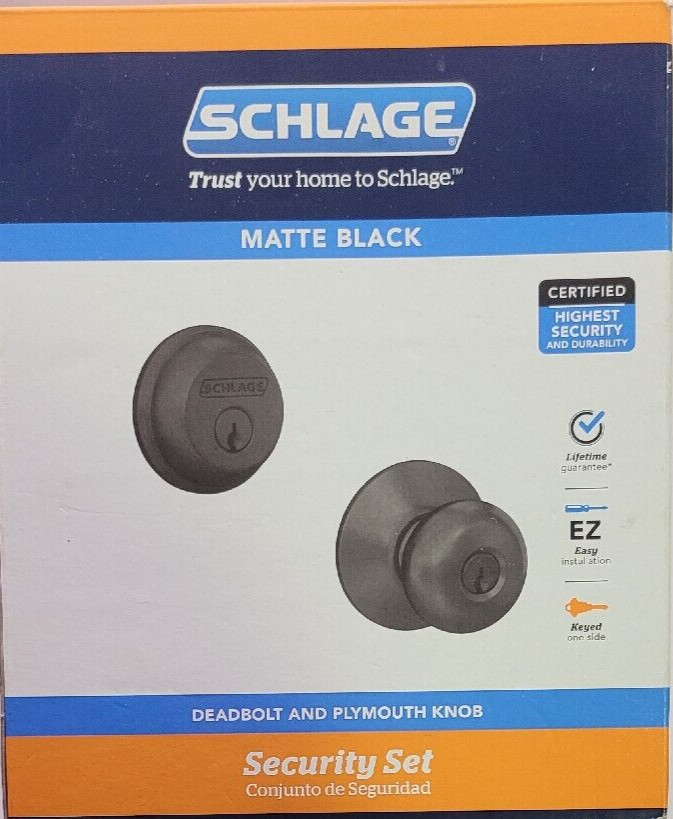 Schlage Plymouth Matte Black Single Cylinder Deadbolt and Keyed Entry Door Knob
