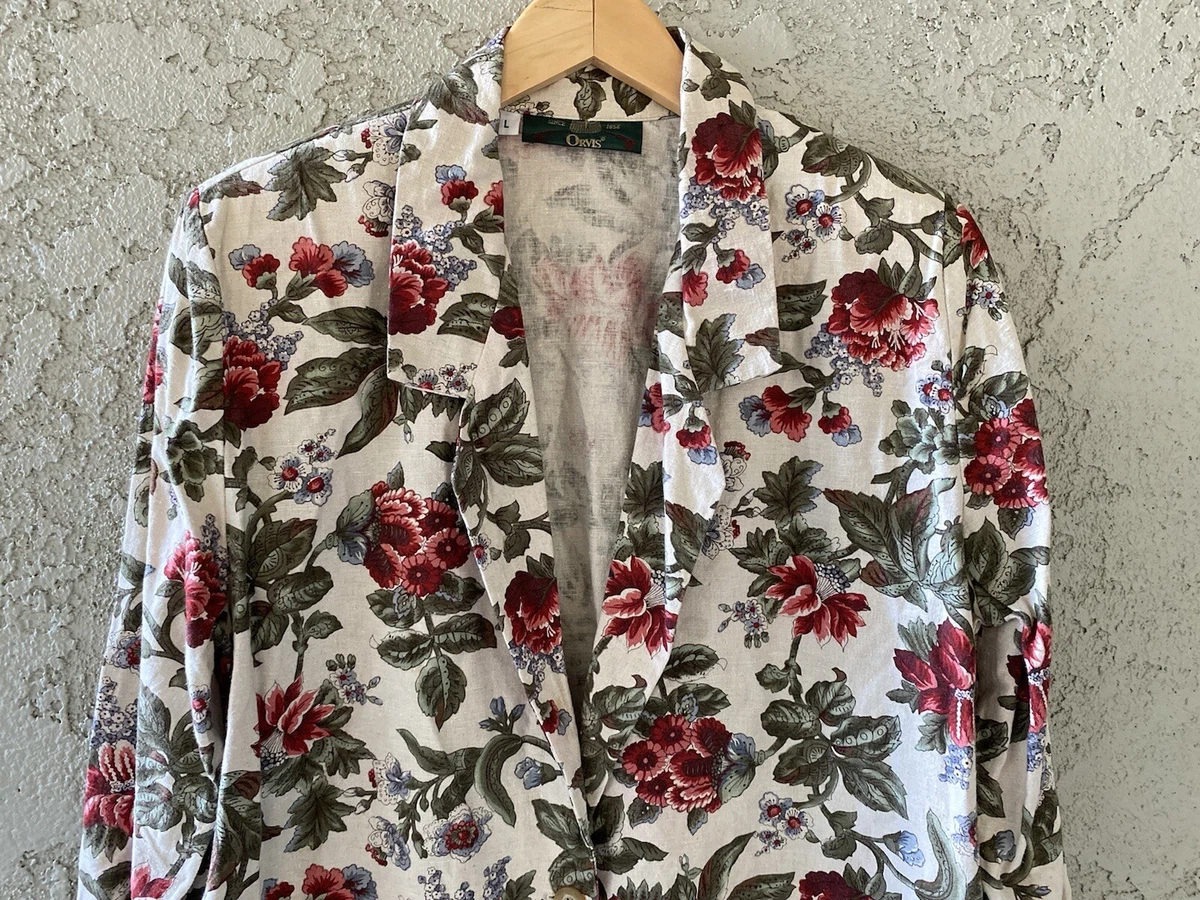 Vintage Orvis Women s Floral Blazer Lightweight Jacket Linen Blend Sz Large