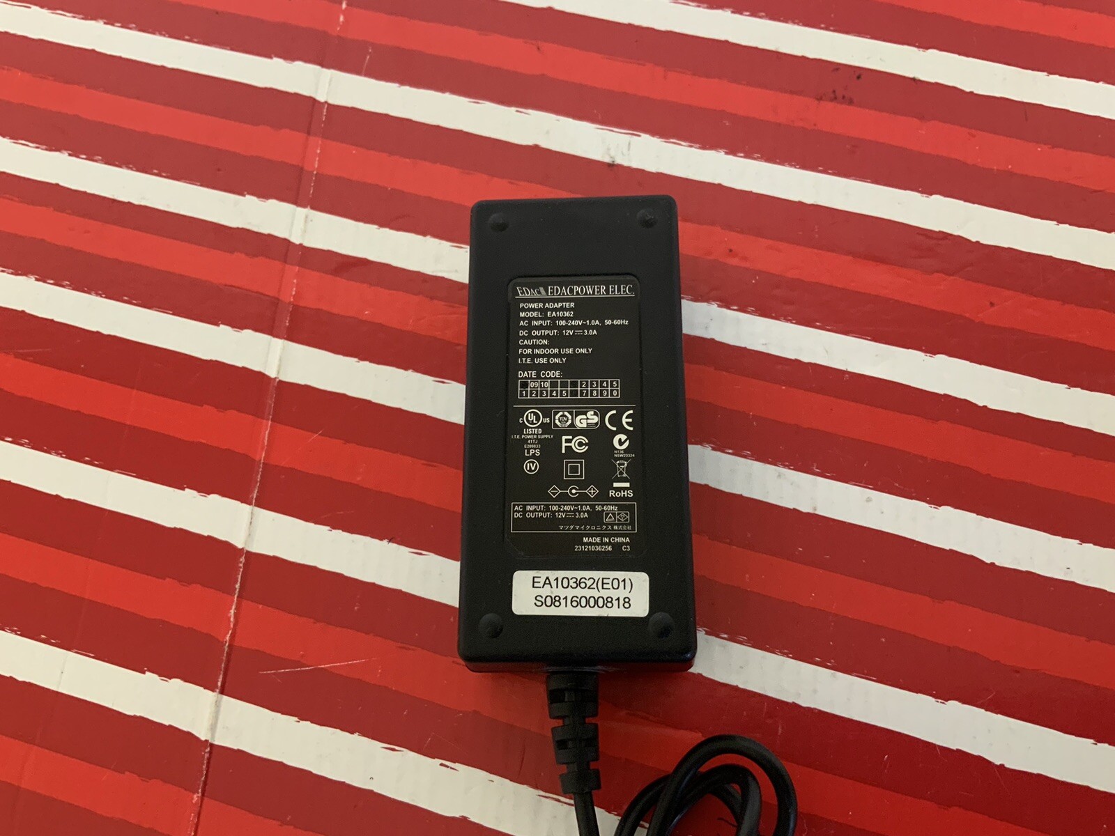 EDAC Power ELEC. Power Adapter Model-EA10362 Output-12V-3.0A