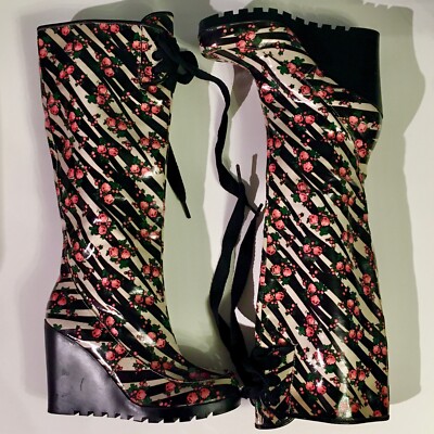 Betseyville Betsey Johnson Tall Knee Wedge Rain Boots Animal Roses Print 6.5