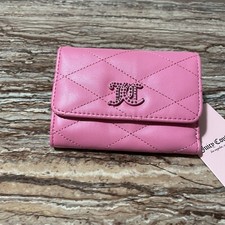 Juicy Couture Wallet Pink Faux Leather Diamond Quilted Trifold Logo Cardholder