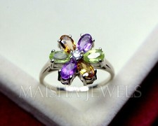 Natural Citrine Amethyst Peridot 925 Sterling Silver Three Stone Women Ring