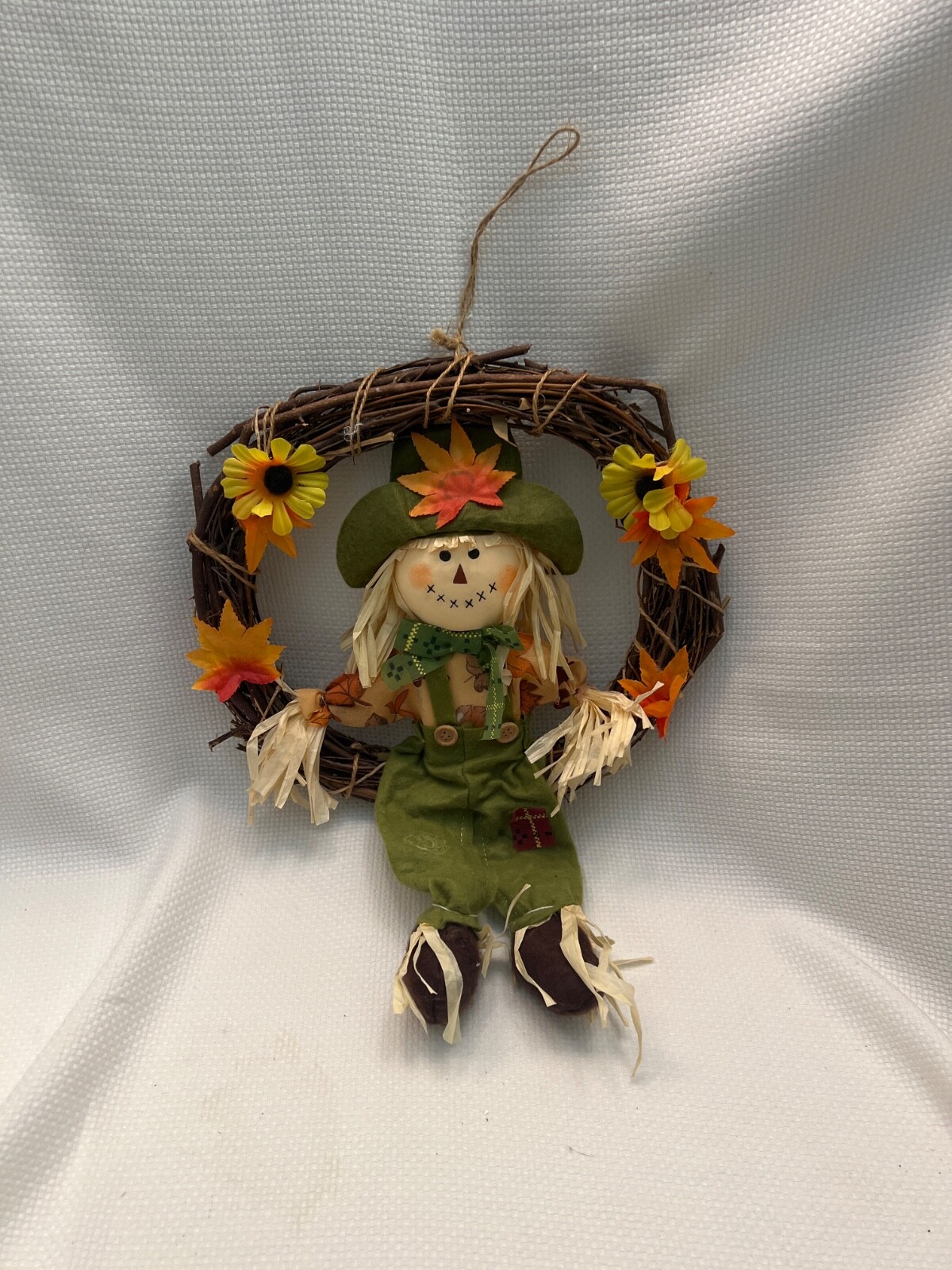 12-Inch Grapevine Wreath with Scarecrow and Sunflowers for Fall Decor