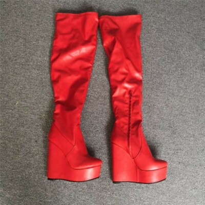 Sexy Women Over-the-Knee Boots Wedge High Heel Boots Red Fashion Shoes  Woman