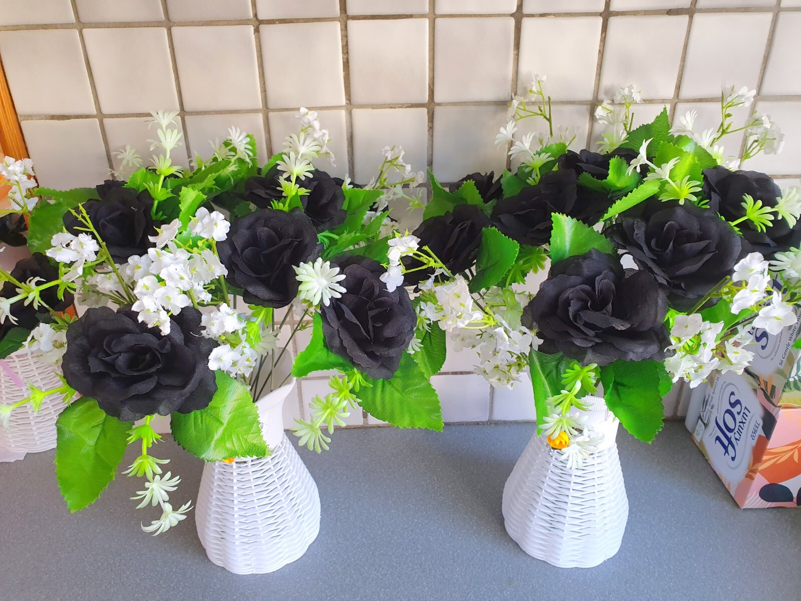 Pair of artificial black roses & gypsophila flower & vases Decorations