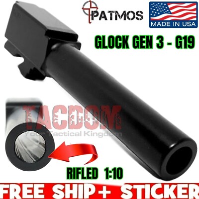 PATMOS ARMS Black Nitride Barrel for GL0CK 19 GEN 3  9mm - USA 1:10 good fr lead